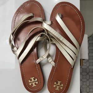 Tory Burch Gold Strappy Leather Sandals with Brown Footbed